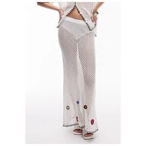 NWT Topshop Women White Sheer Crochet Maxi Skirt S White Floral Embroidery Boho